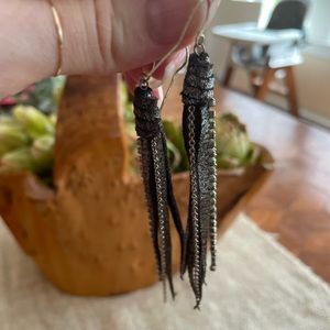 Boho metallic dangly leather earrings with crystals and chains